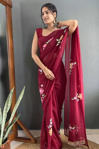 Maroon designer hand printed faux georgette saree with blouse piece
