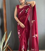 Maroon designer hand printed faux georgette saree with blouse piece