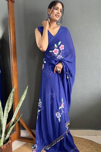 Blue designer hand printed faux georgette saree with blouse piece