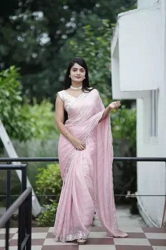 Light pink woven jari lining, sequence embroidery work chiffon saree with blouse piece
