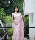Light pink woven jari lining, sequence embroidery work chiffon saree with blouse piece