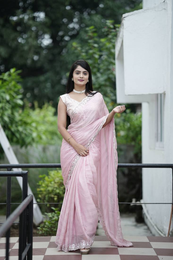 Light pink woven jari lining, sequence embroidery work chiffon saree with blouse piece