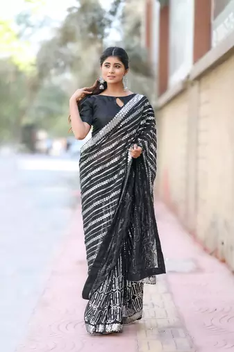 Black sequance embroidery work georgette saree with blouse piece
