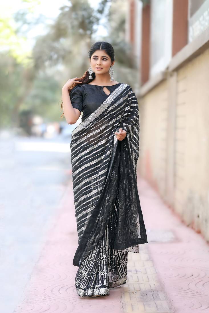 Black sequance embroidery work georgette saree with blouse piece