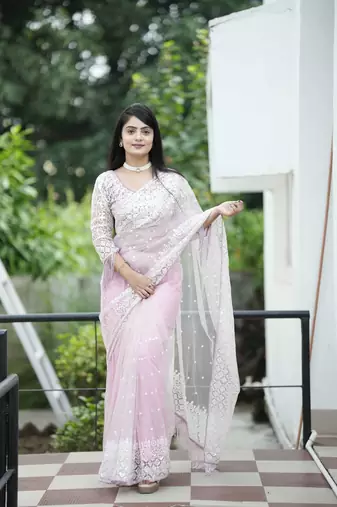 Sequance embroidery work soft net saree with blouse piece