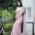 Light pink woven jari lining, sequence embroidery work chiffon saree with blouse piece