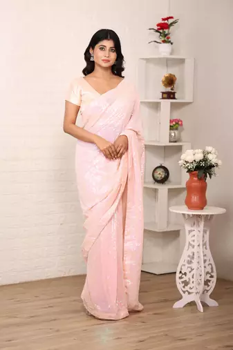 Pink sequance embroidery work georgette saree with blouse piece