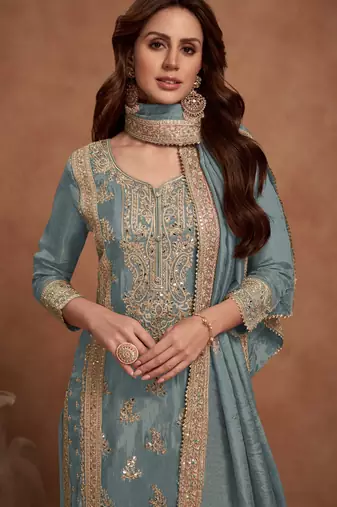 Grey embroidered silk salwar suit