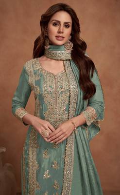 Sea green embroidered silk salwar suit 2