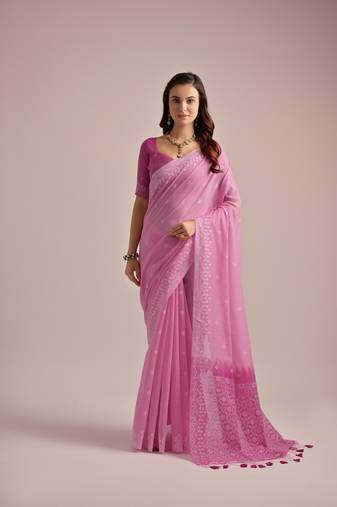 Pink muga cotton traditional and resham weaving saree festive wear