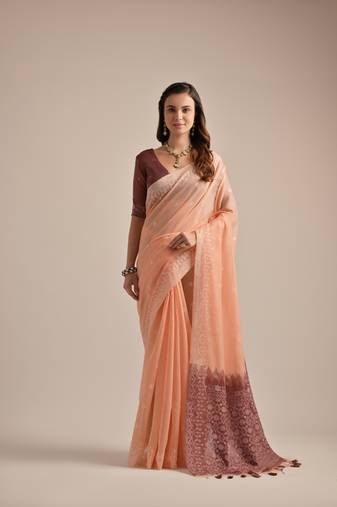 Peach muga cotton traditional and resham weaving saree festive wear