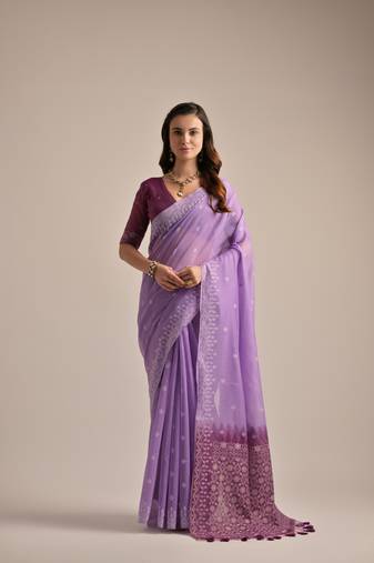 Purple muga cotton traditional and resham weaving saree festive wear