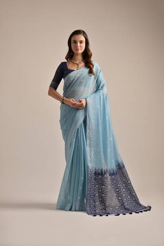 Sky muga cotton traditional and resham weaving saree festive wear