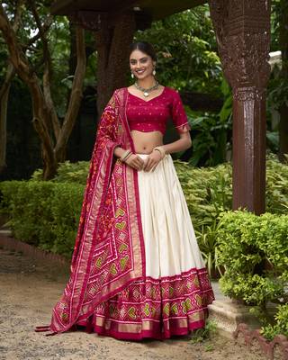 Off White Tussar Silk Printed Wedding Lehenga Choli 1