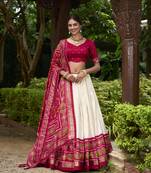 Off White Tussar Silk Printed Wedding Lehenga Choli
