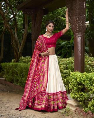 Off White Tussar Silk Printed Wedding Lehenga Choli 4