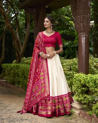 Off White Tussar Silk Printed Wedding Lehenga Choli 5