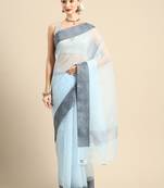 designer blue linen blend saree