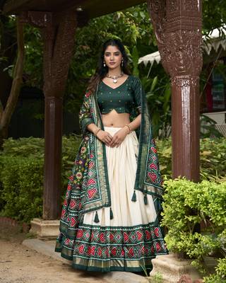 Vibrant Green and Cream Silk Printed Lehenga Choli Set  1