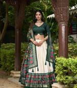 Vibrant Green and Cream Silk Printed Lehenga Choli Set 