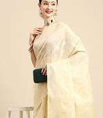 designer off-white linen blend saree