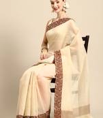 designer off-white linen blend saree