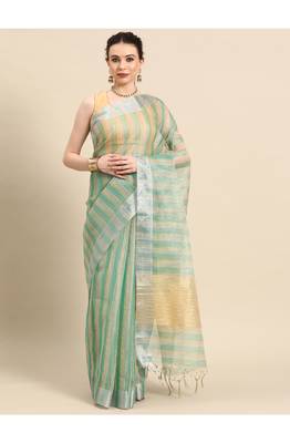 designer green linen blend saree 1