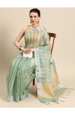 designer green linen blend saree 2