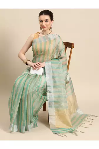 designer green linen blend saree