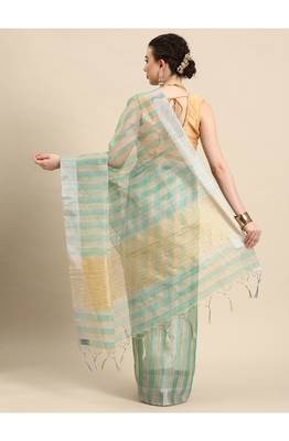 designer green linen blend saree 3