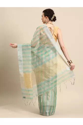 designer green linen blend saree