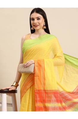 designer yellow linen blend saree 1