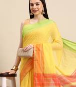 designer yellow linen blend saree