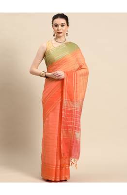 designer orange linen blend saree 1