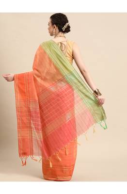 designer orange linen blend saree 2