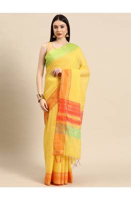 designer yellow linen blend saree 2