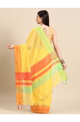 designer yellow linen blend saree 3