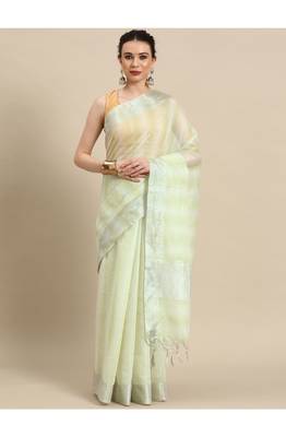 designer green linen blend saree 1