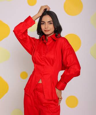 Red summer waist fitted with back tie up collared 100% cotton shirt 1