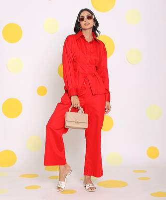 Red summer waist fitted with back tie up collared 100% cotton shirt 3