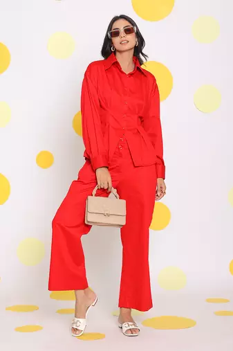 Red summer waist fitted with back tie up collared 100% cotton shirt