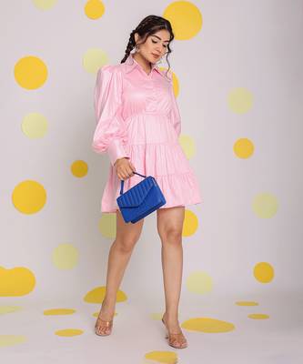 Baby pink bust fitted balloon sleeves 100% cotton summer mini dress 3