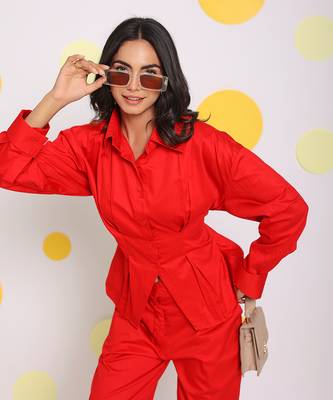 Red summer waist fitted with back tie up collared 100% cotton shirt 4
