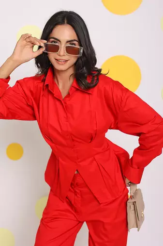 Red summer waist fitted with back tie up collared 100% cotton shirt