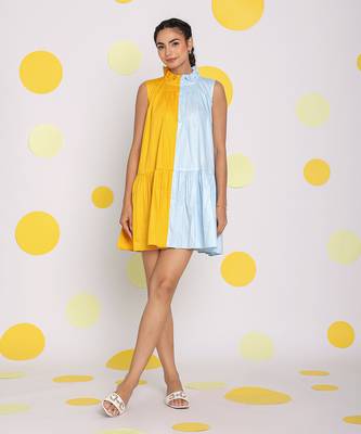 Colour block yellow and ice blue summer short mini 100% cotton summer dress 1