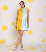 Colour block yellow and ice blue summer short mini 100% cotton summer dress