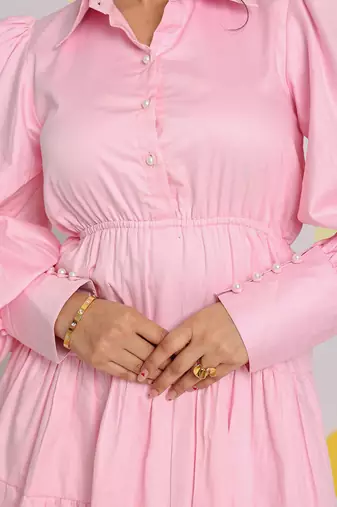 Baby pink bust fitted balloon sleeves 100% cotton summer mini dress