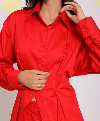 Red summer waist fitted with back tie up collared 100% cotton shirt 5