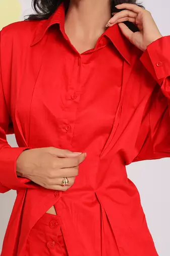 Red summer waist fitted with back tie up collared 100% cotton shirt