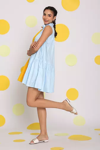 Colour block yellow and ice blue summer short mini 100% cotton summer dress